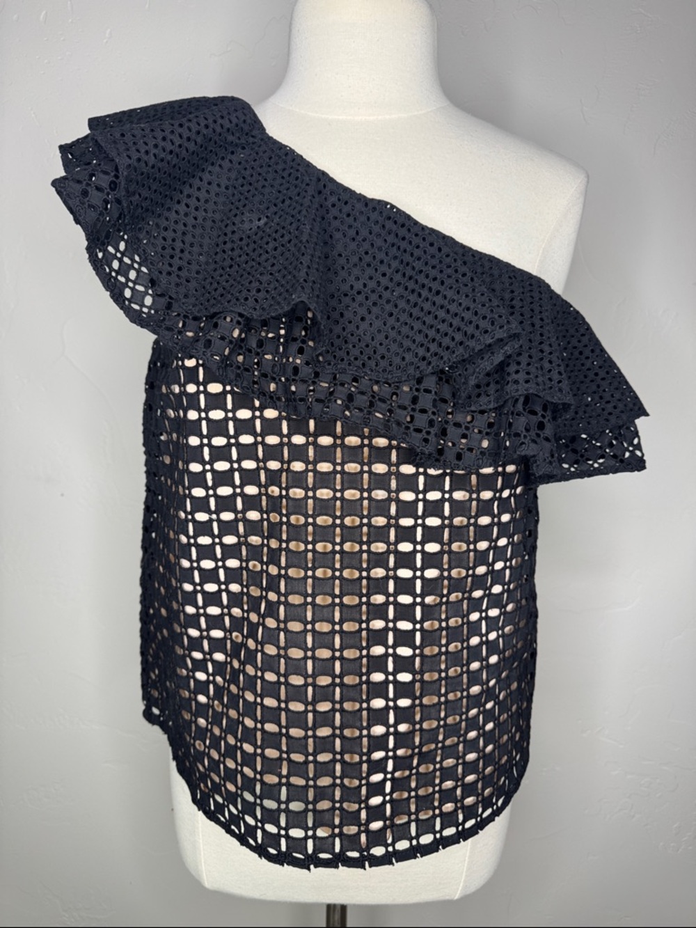 J Crew One-Shoulder Black Lined Eyelet Double Ruffle Top